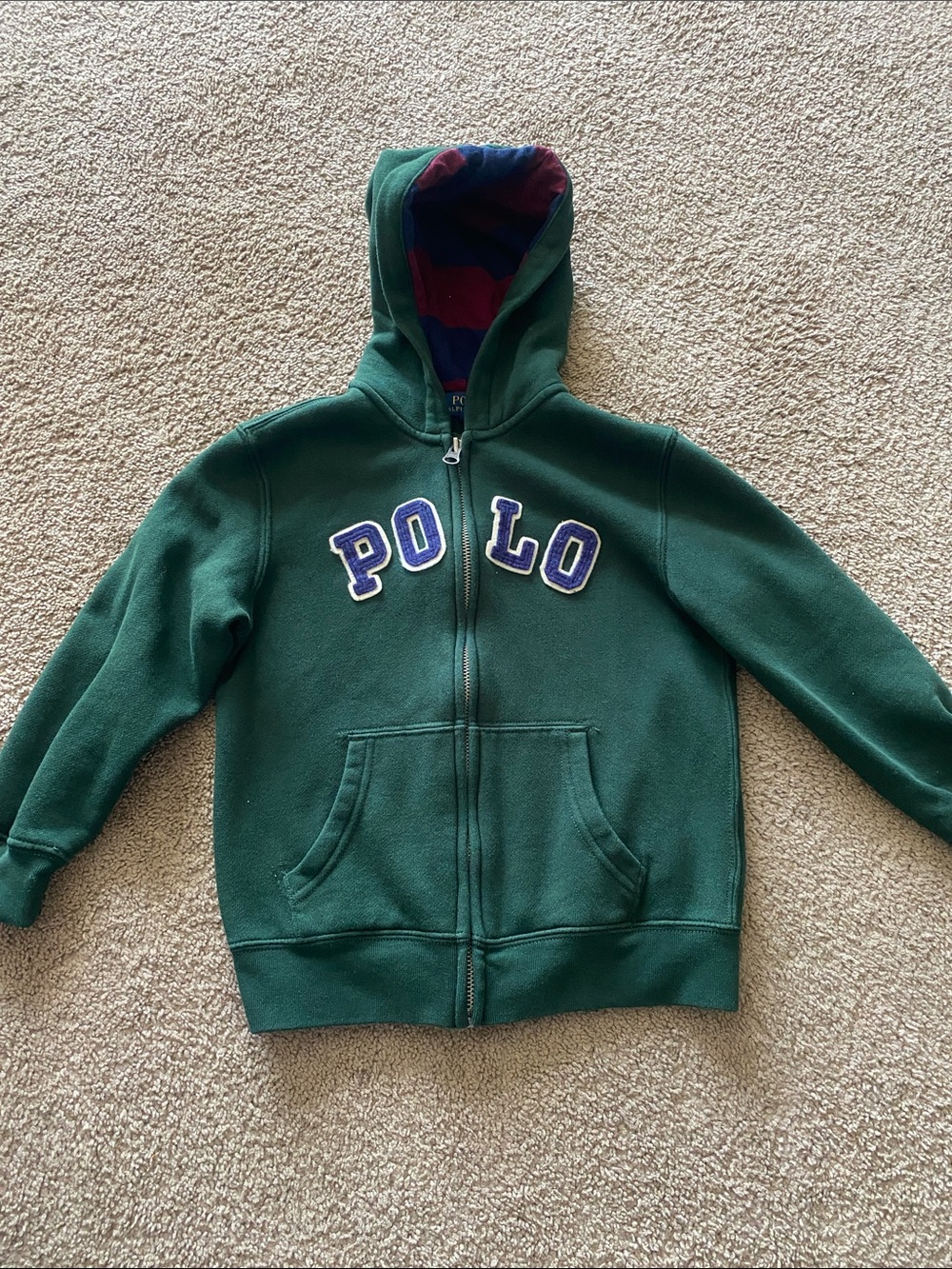 Polo by Ralph Lauren Dark Green Hooded Zip Sweatshirt with Striped Lining